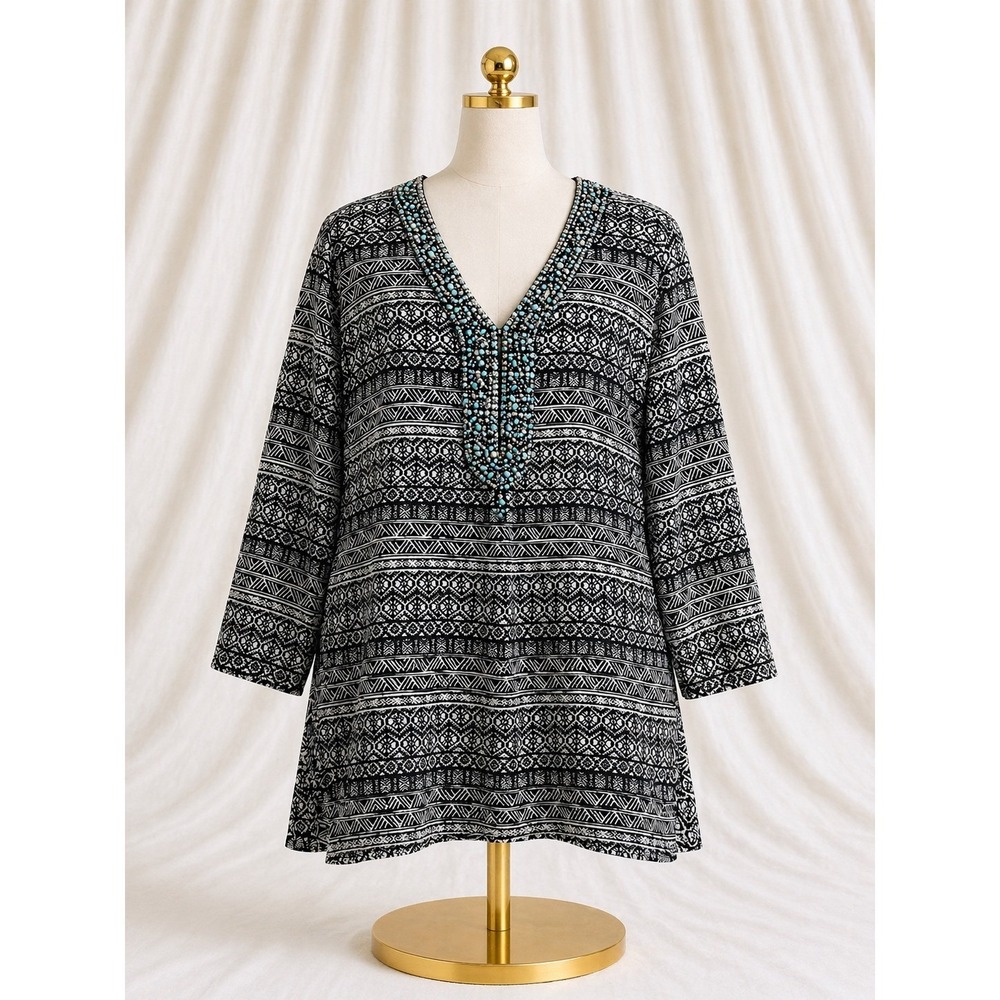dalin. Tunic Top Black White Print with Turquoise Beaded V-Neckline Size Large - Picture 2 of 13